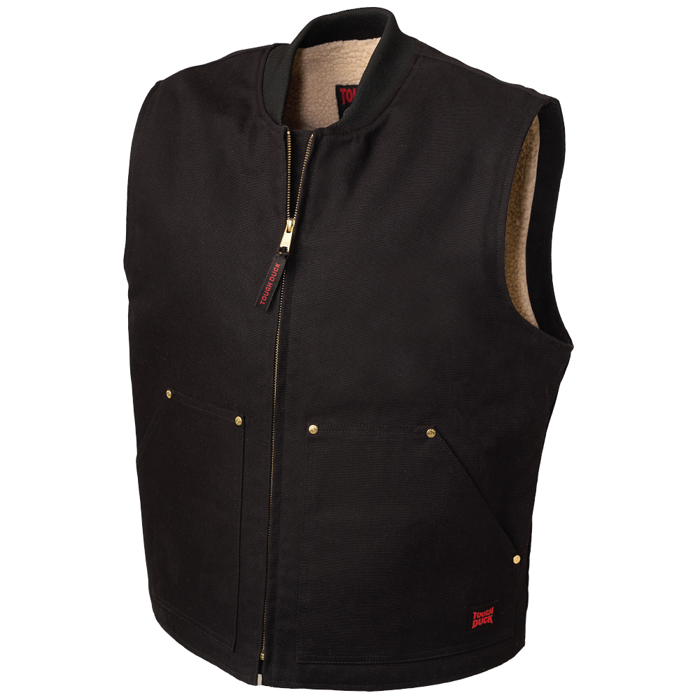 Front view of Black 12 oz. cotton duck work vest with warm sherpa lining and brass zipper closure. 