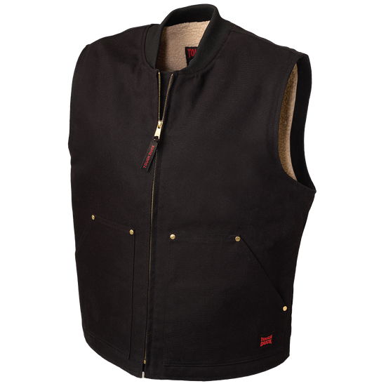 Front view of Black 12 oz. cotton duck work vest with warm sherpa lining and brass zipper closure. 