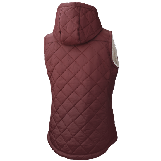 Full rear view of womens cranberry diamond-quilt warm vest showing clean back profile outdoors