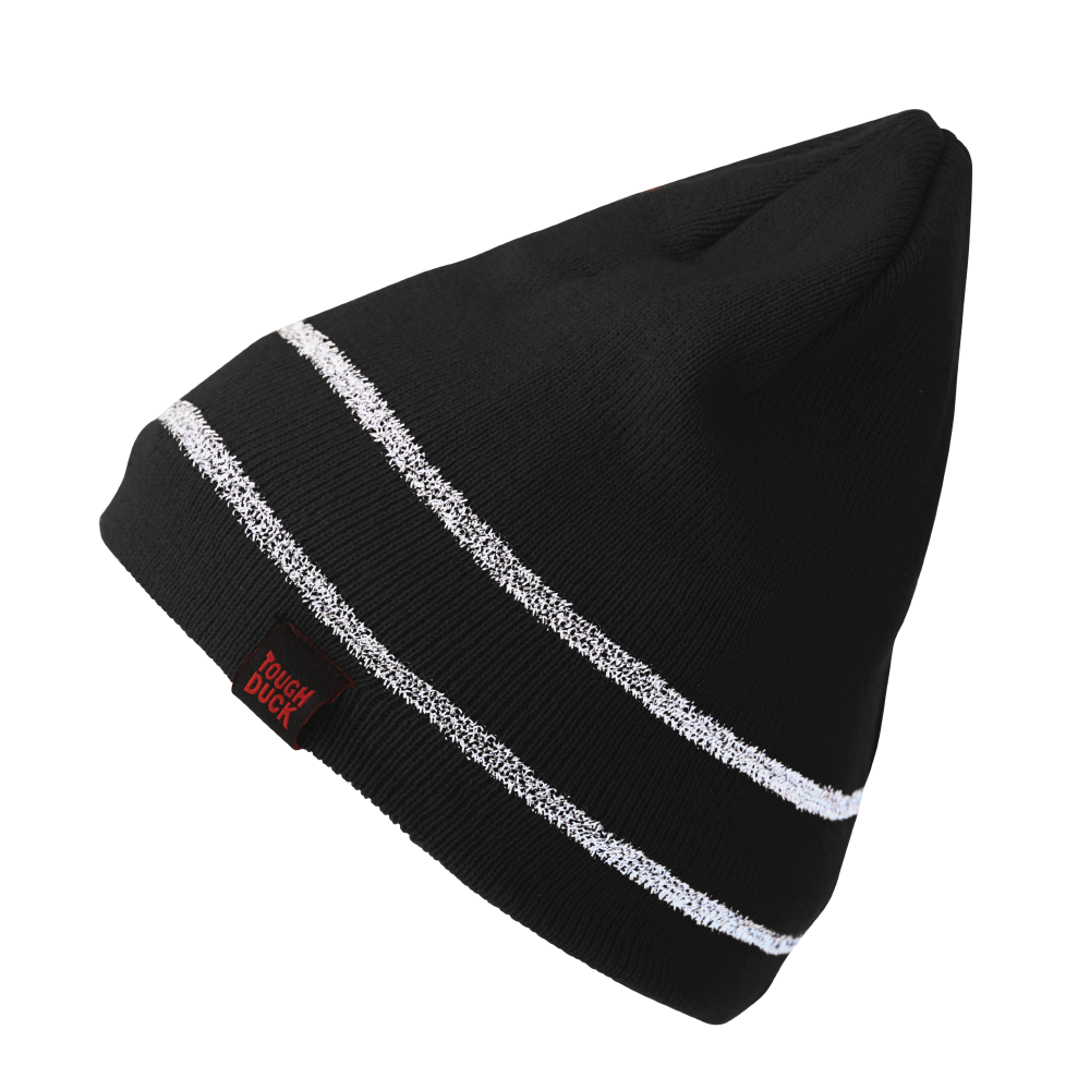 Black Acrylic Knit Cap With Reflective Stripe i458 Front image