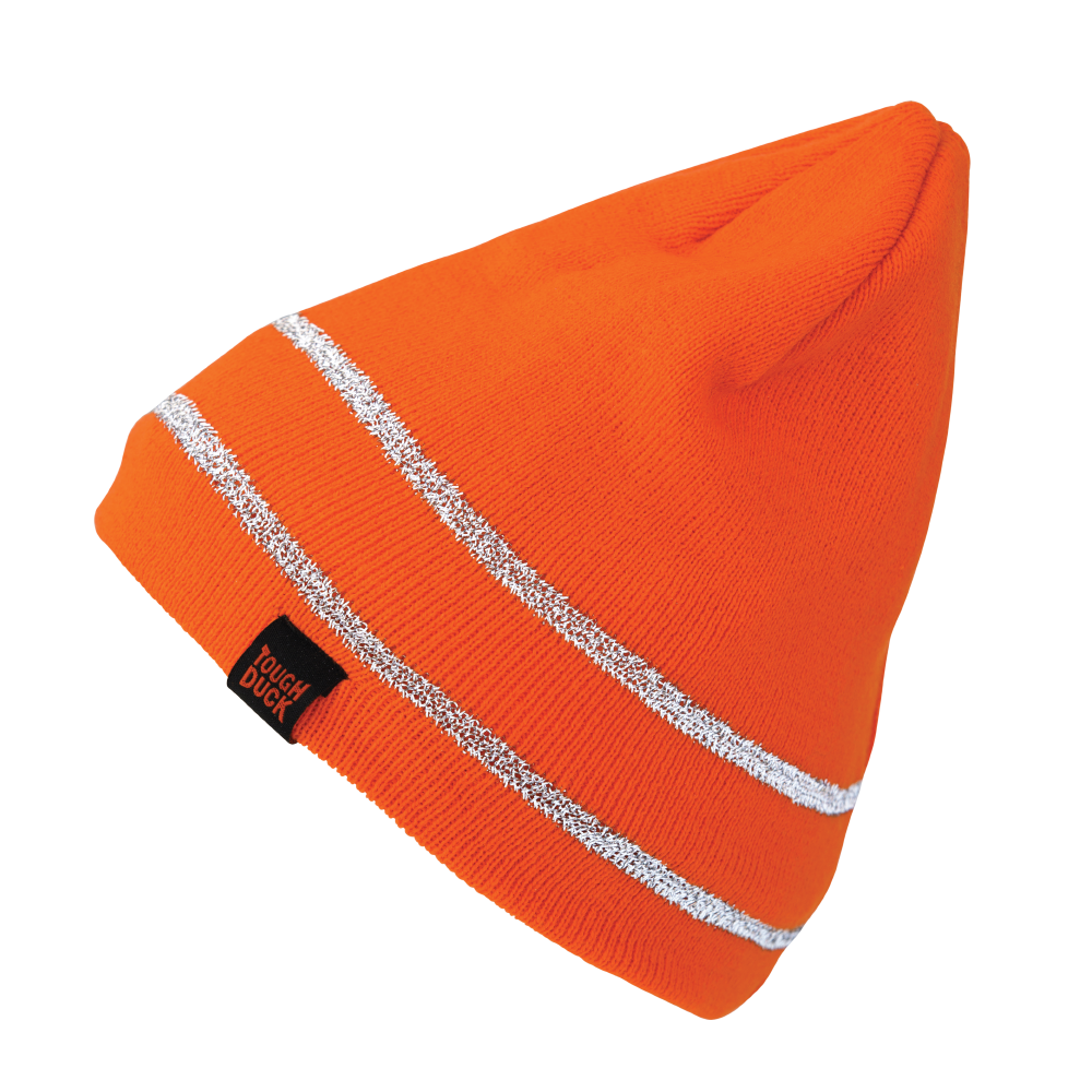 Fluorescent Orange Acrylic Knit Cap With Reflective Stripe i458 Front image