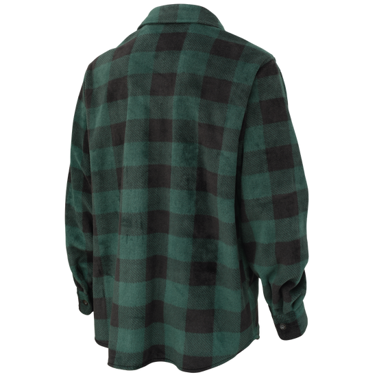 Rear view of unlined heavyweight green plaid fleece shirt during nursery operations